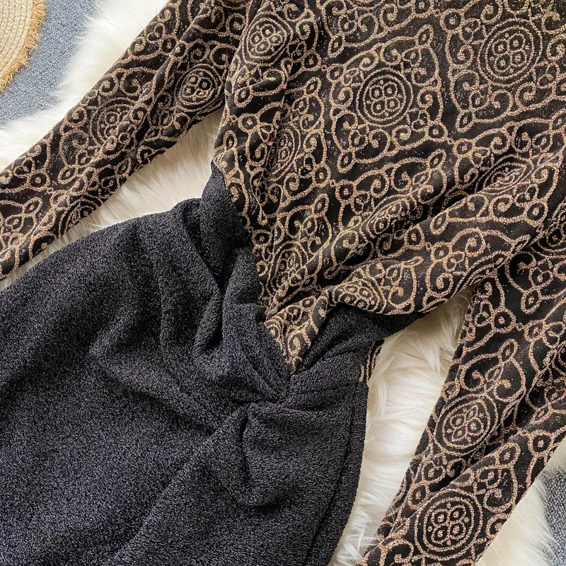 Женское облегающее платье с длинным рукавом длинная юбка оборками и высокой