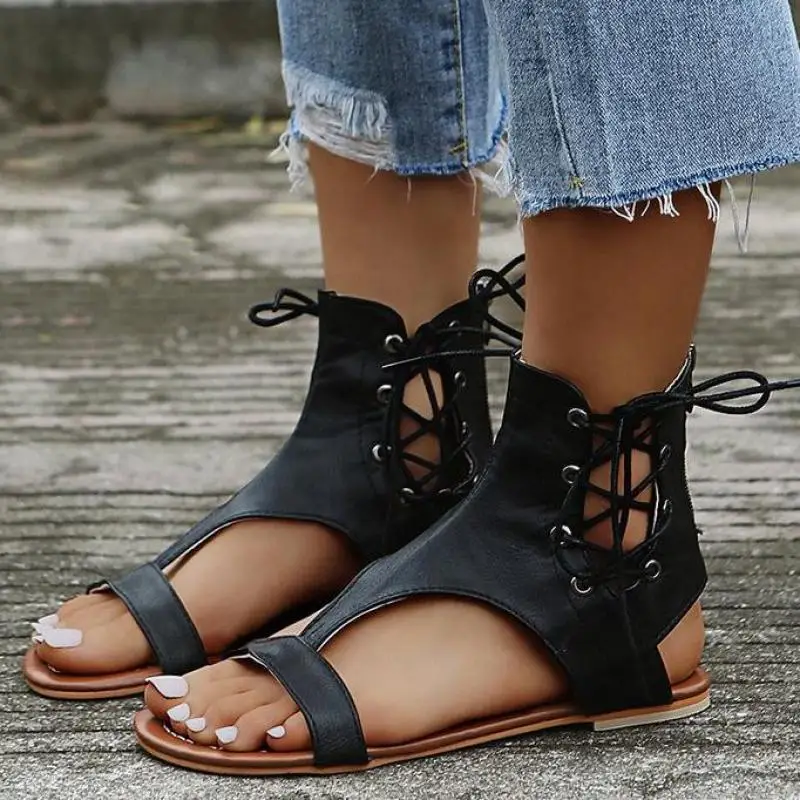 Sandals ladies wedge heel open toe fish mouth foreign trade Roman style sandals shoes cashmere zipper large size sandals