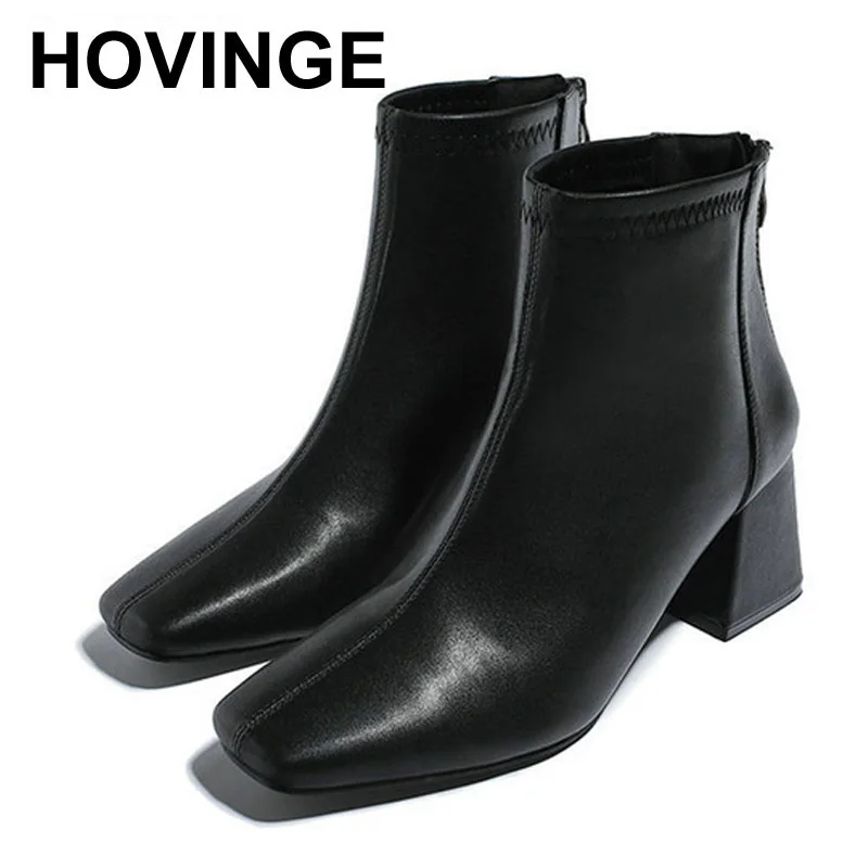 

HOVINGE Genuine leather ankel boots women square toe solid color short booties female high heels winter shoes fur plush botas