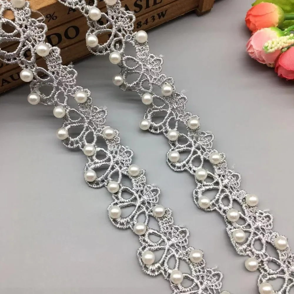 1 ярд серая жемчужина бисером 3D кружевная Лента кружевная лента африканская ткань воротник свадебное платье Шитье одежда головной убор материалы