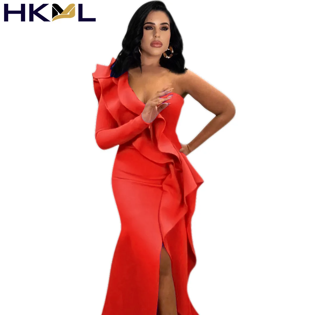 

Women Dress Ruffles Splited Stretchy Solid One Shoulder Full Sleeve Maxi Long Dresses Party Evening Summer 2021