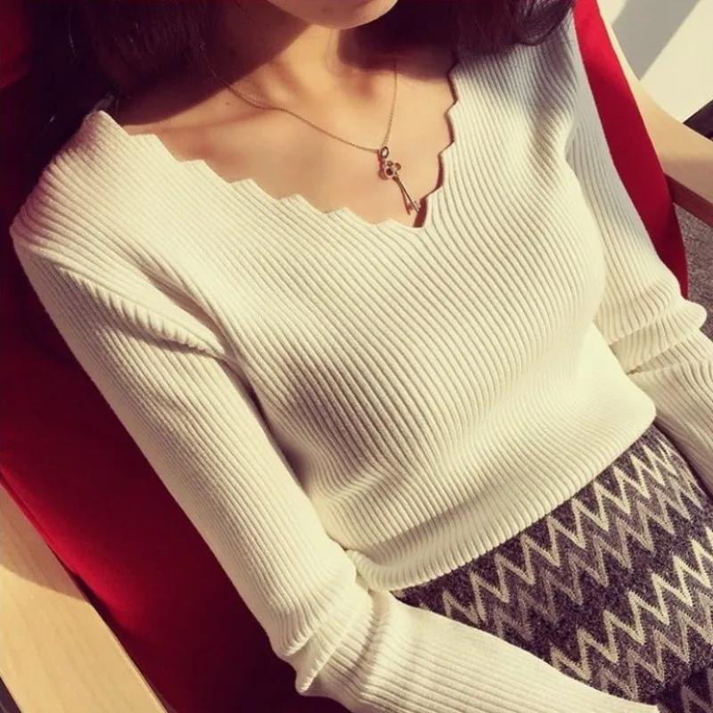 Fashion Autumn Women V-neck Long-sleeve Knitted Sweater Female Jumper Pullover Solid Basic Elasticity Clothing Pull Femme | Женская