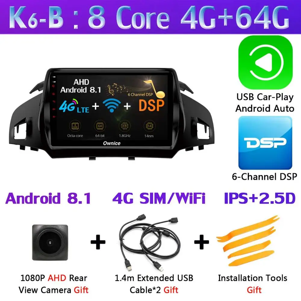 K6-B-CarPlay Панорамная камера 360 ° 4G SIM WiFi Android 9,0 4G+ 64G SPDIF DSP CarPlay Автомобильный плеер для Ford Kuga 2013- C-Max gps радио - Цвет: K6-B-CarPlay