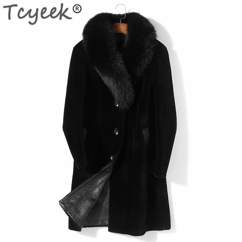 

Пальто Tcyeek из натурального меха, мужская одежда 2020, зимнее пальто из овчины, пальто с большим воротником из лисьего меха, толстое теплое паль...