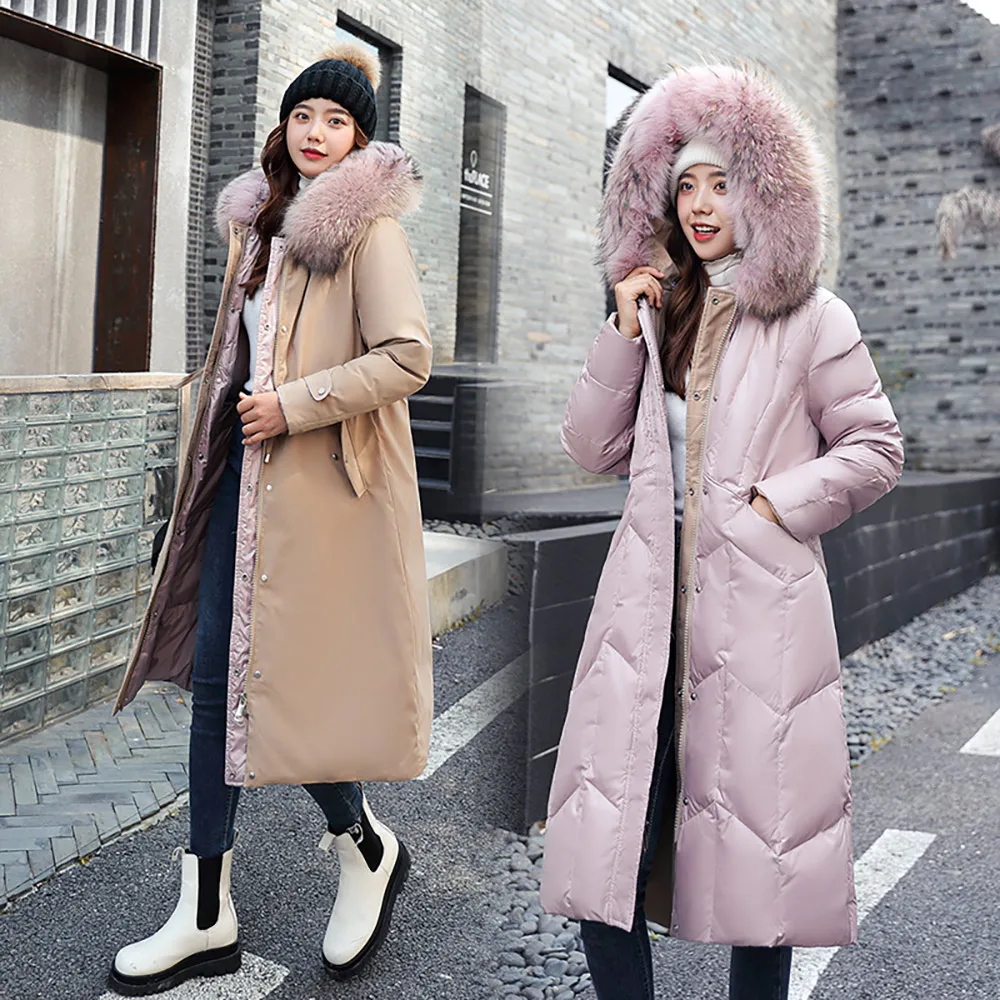 Vielleicht 2021 New Cotton Padded Liner Parkas Fashion Fur Collar Winter Jacket Women Long Hooded Winter Coat Two Sides Wear