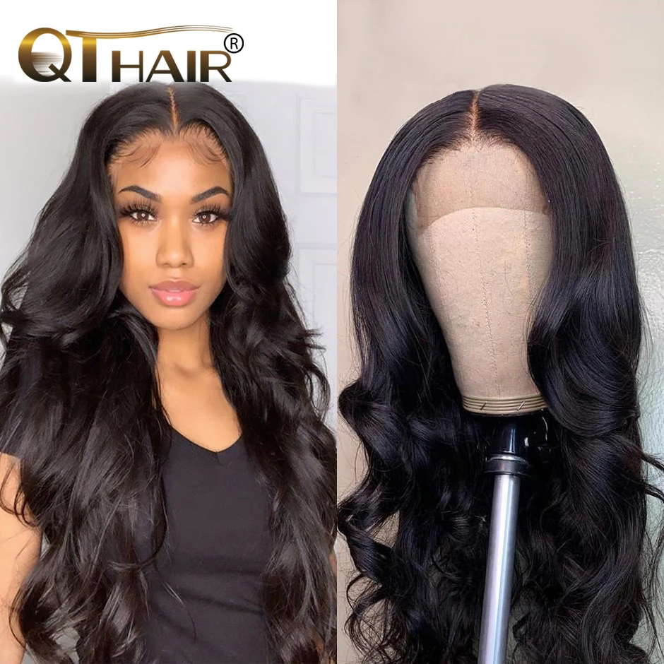 Boby Wave Lace Closure Wig T Part Human Hair Remy Pre-Plucked Brazilian Human Hair Extensions 4*1 Closure Body Wave Wig From QT