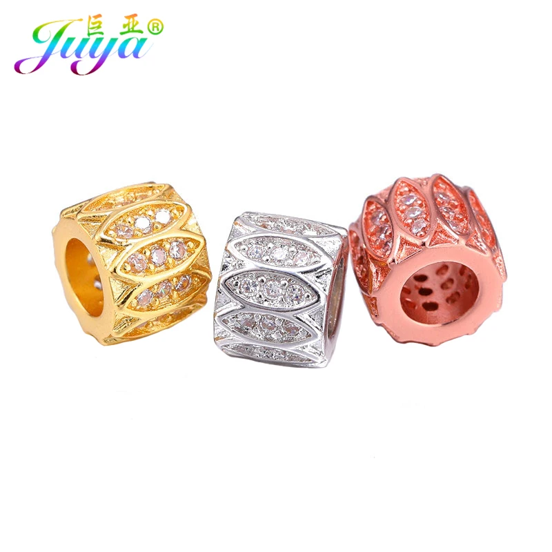 

Juya DIY 18K Gold Plated Big Hole Charm Beads For Jewelry Making Handamde Cubic Zirconia Metal Spacer Beads Supplies