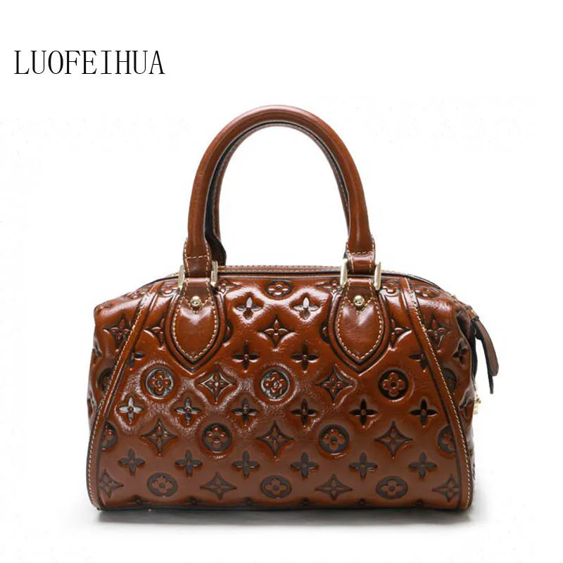 Genuine Leather women bags for 2019 new national wind layer leather handbag Embossed shoulder bag pillow | Багаж и сумки