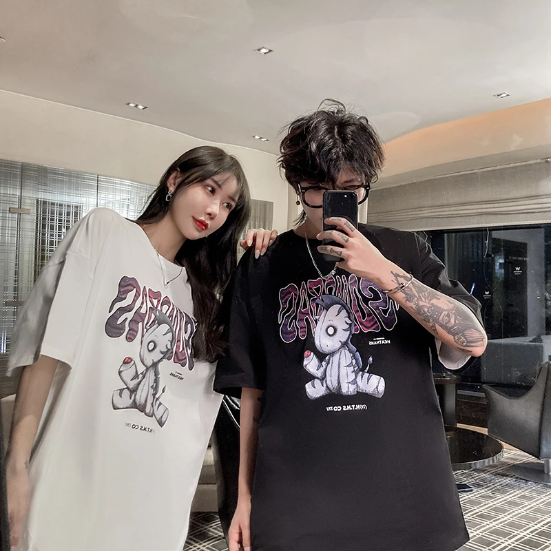 

Cartoon Ragdoll Print Short Sleeve T-shirt Men Summer High Street Couple Tops Fun Creative Fashion Casual Hipster Men's T-shirts