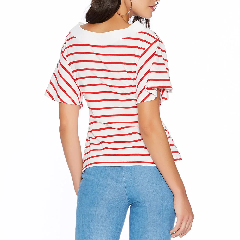 

Women T-Shirt Pink Stripe Patchwork Slim Short Sleeve Lace Bandage High Waist Young Girl Top Western Casual Fashion Tee Female