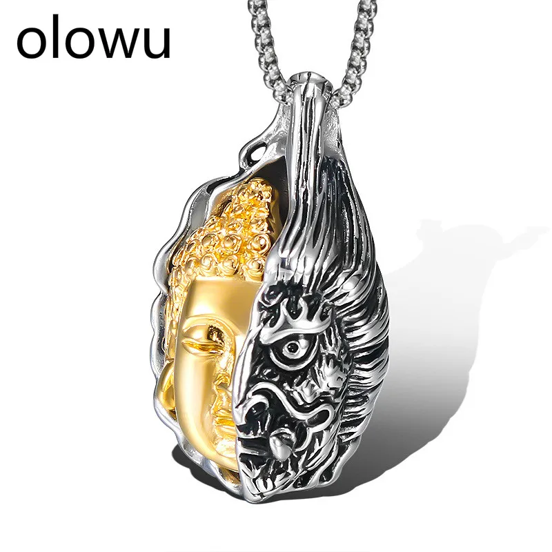Olowu нержавеющая сталь половина Будды волшебное ожерелье для мужчин хип-хоп