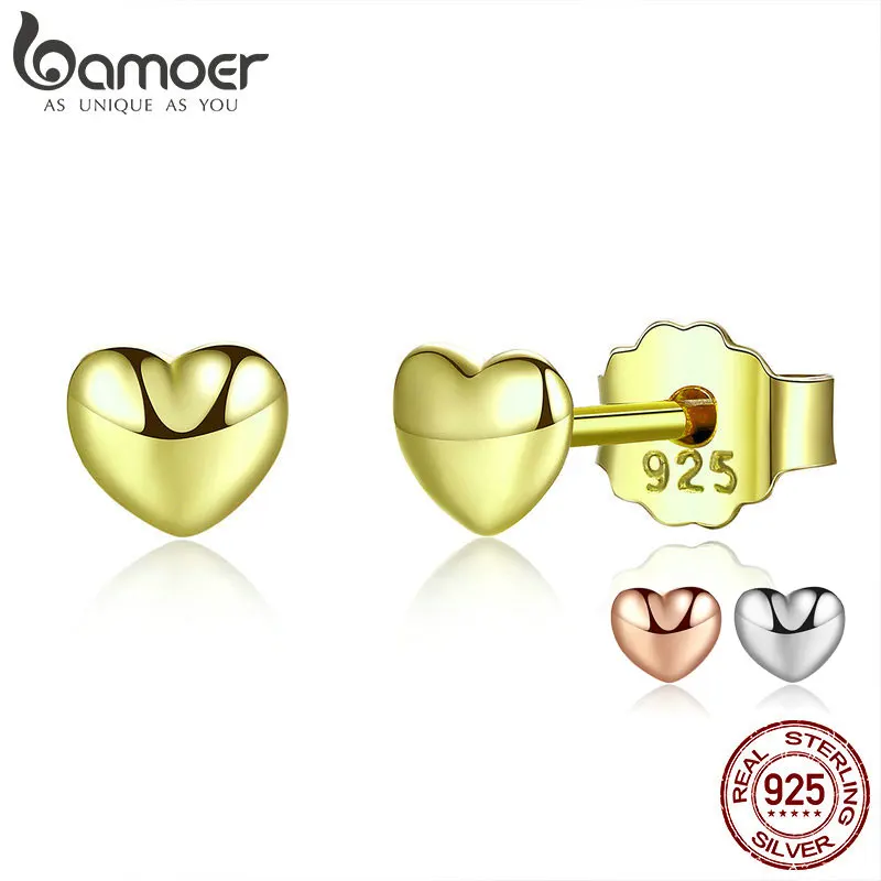 BAMOER, Настоящее серебро 925 пробы, 3 цвета, маленькое сердце, серьги-гвоздики для женщин, Стерлинговое Серебро, ювелирное изделие, подарок PAS440-GD