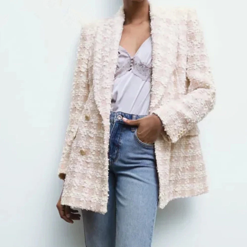 

Women Fashion Double Breasted Tweed Check Blazers Coat Vintage Long Sleeve Female Temperament OL Outerwear