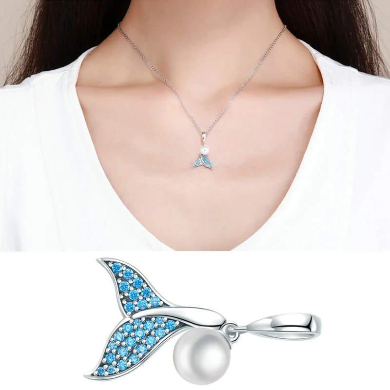S925 серебро синий рыбий хвост кулон аксессуары цирконовая жемчужина ожерелье