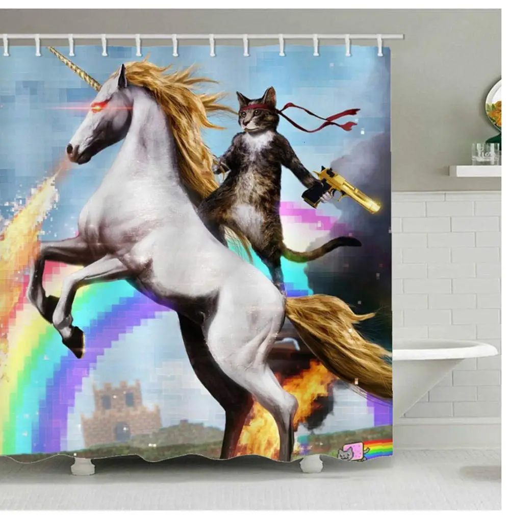 

Shower Curtain Cat Hero Unicorn with A Gun Bath Curtains Bathroom for Bathtub Bathing Cover Extra Large Wide 12Pcs Hooks 72X72