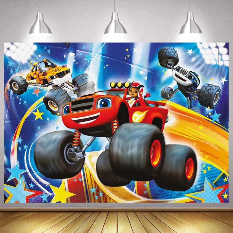 

Hot Racing Game Monster Truck Custom Backdrop Grave Digger Checkered Flag Boy Birthday Party Decor Photography Background Banner