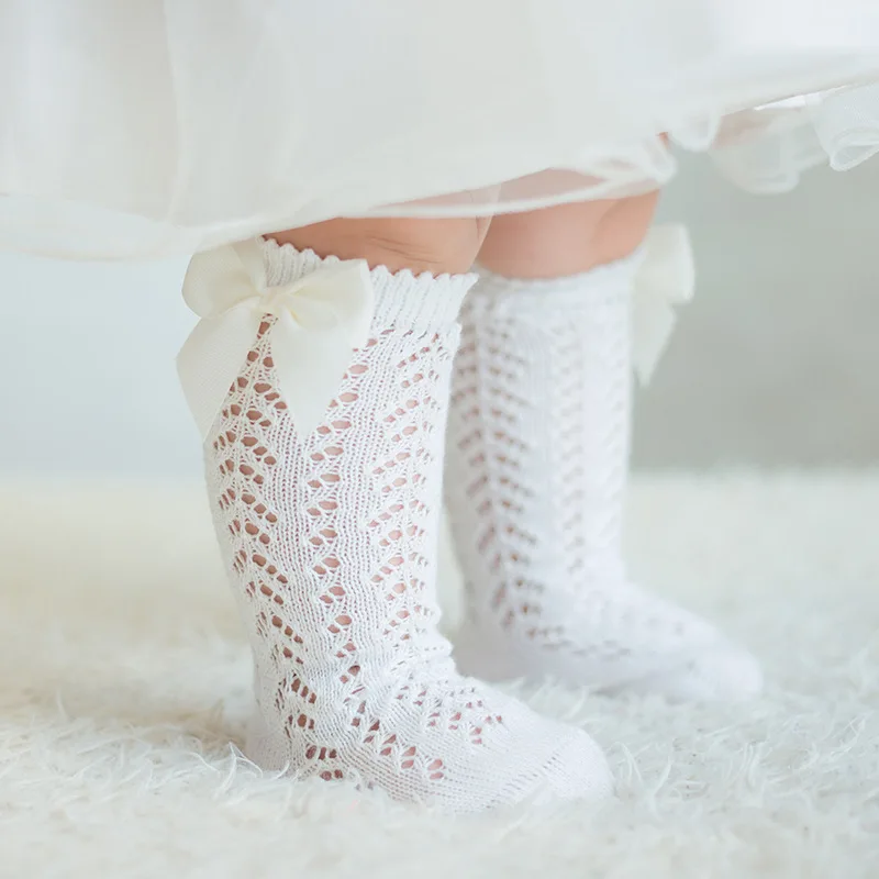 

0-3Years Newbron Baby Girls Hollow Out Bowknot Socks Keen High Knitted Solid Stockings Breathable Thin Leggings For Infant