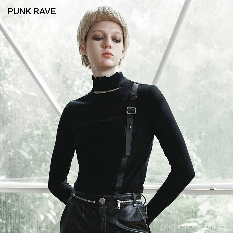 Панк рейв девушка воротник стойка с длинными рукавами рваные черные футболки
