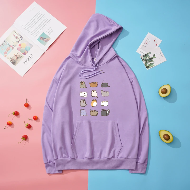 

Women Autumn Cut Kawaii Cat Print Hooded Sweatshirt Casual Fashion Pullover Harajuku Loose Cotton Long Sleeve Top Female Clothes