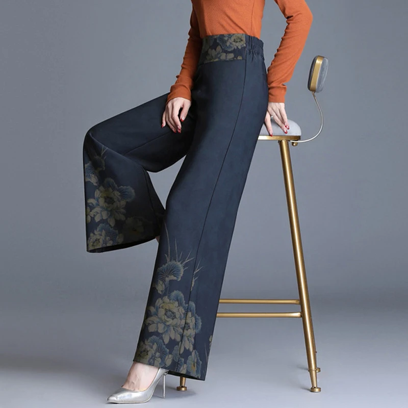 Брюки женские с широкими штанинами жаккардовые свободные прямые утепленные