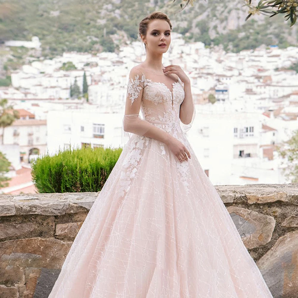 

Elegant Pink A-Line Wedding Dress O-Neck Half Sleeves Lace Appliques Lace Up Back Sweep Train 2021 Bride Gowns Vestido De Noiva