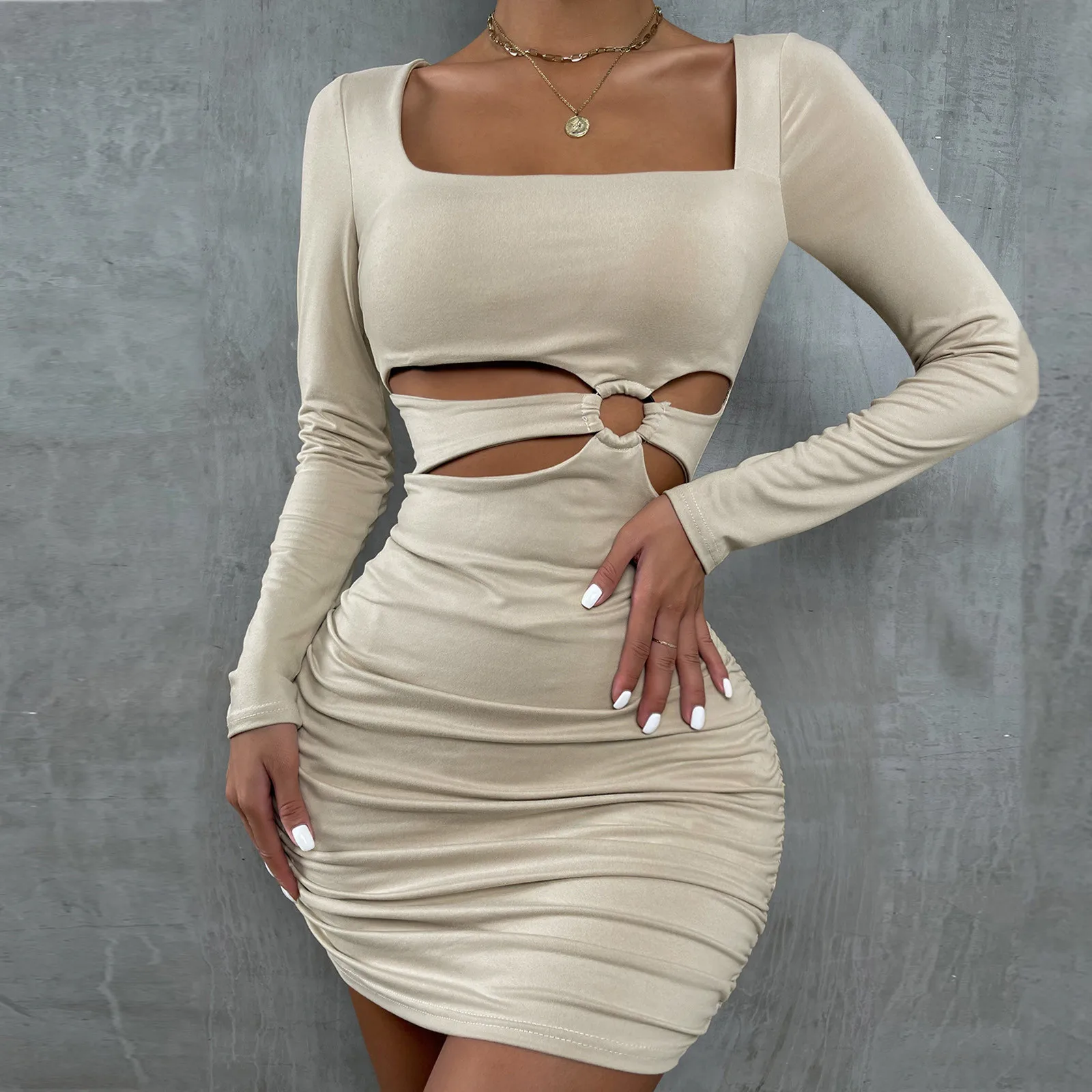 

Fashion Women's Dress Autumn Sexy Solid Color Tight Hollow Out Long Sleeve Hip Wrap Dress Club Party Dress 2022 Women's Dress