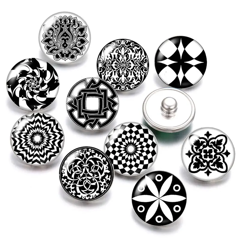 Красивые черные узоры цветы 18 мм кнопки 10 шт. Смешанные Круглые фото стекло