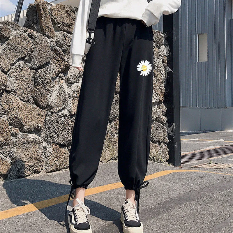 

Summer 2021 Binding Feet Women's Fashion Chic Butterfly Print Basic Black Casual Soft Ladies Trousers Korean Sports Youth Pants