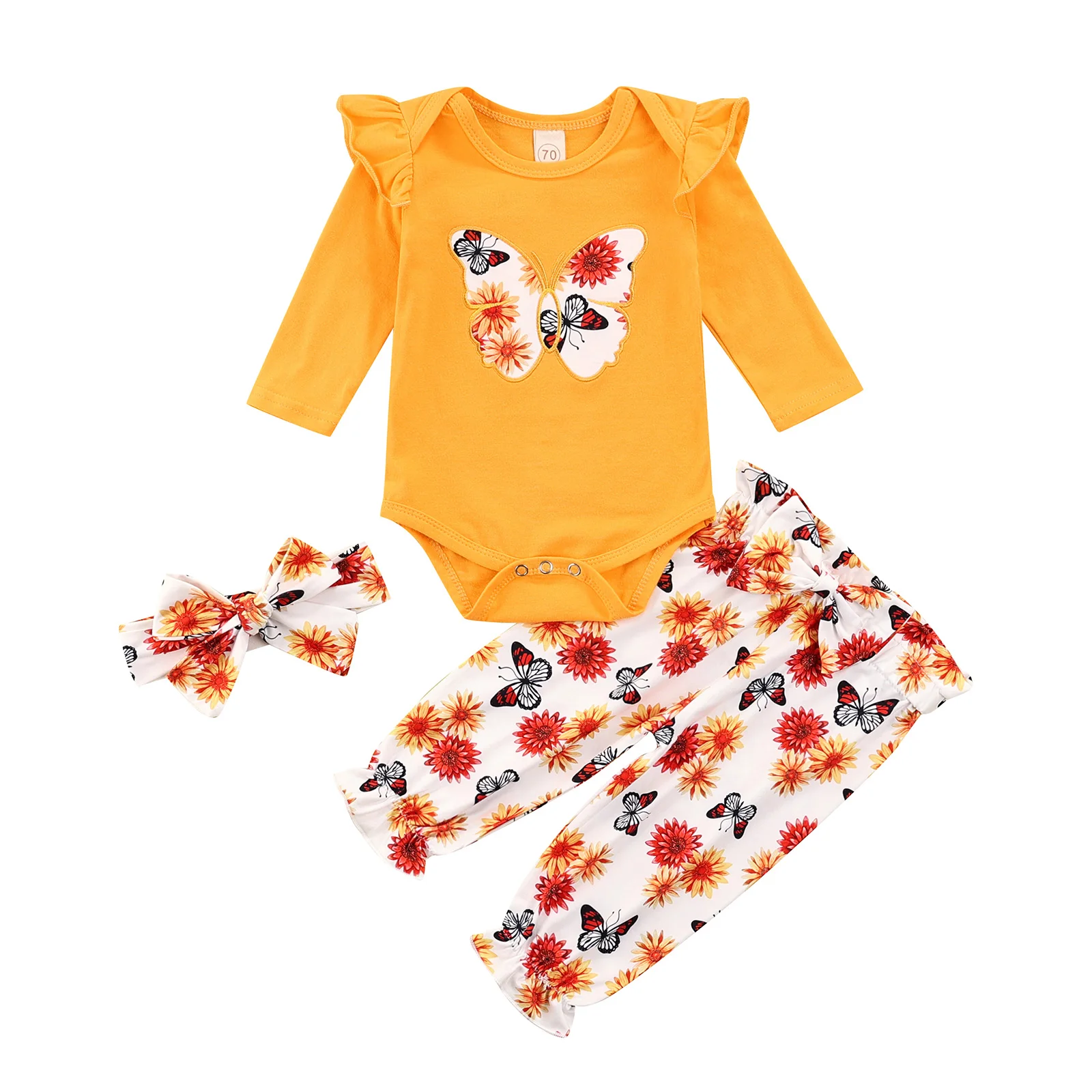 

Lovely Baby Girls Clothes Casual Set Butterfly Floral Print Long Sleeve O-neck Bodysuit Trousers Bow-knot Headband