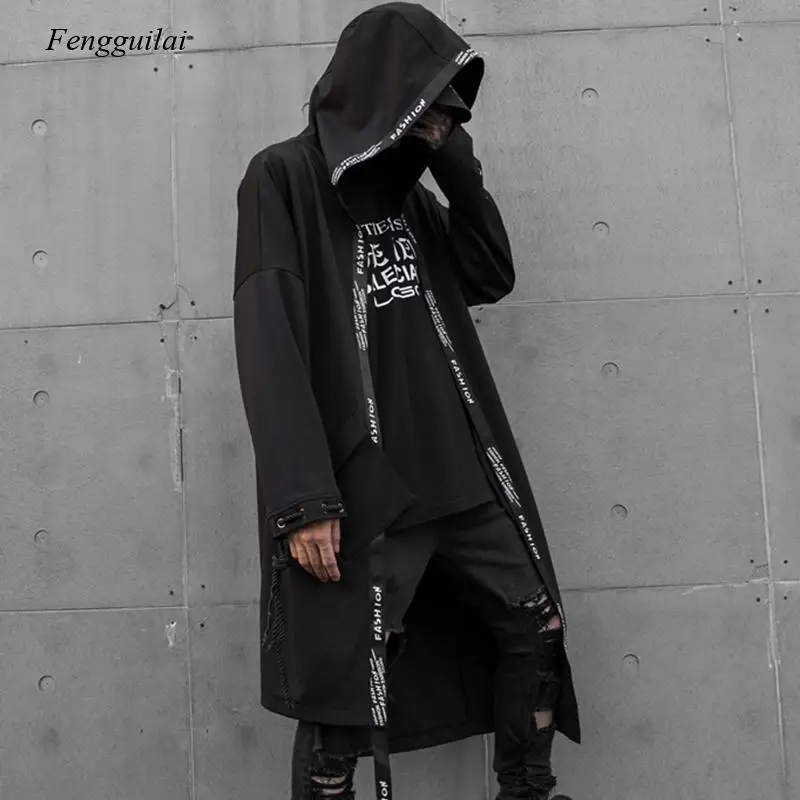 Autumn winter men asymmetric design ribbons patchwork hip hop punk rock trench coat male korean long cardigan vintage jackets | Мужская