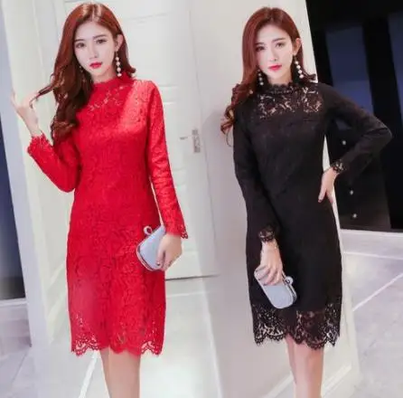 Женское винтажное кружевное платье с длинным рукавом и высокой талией