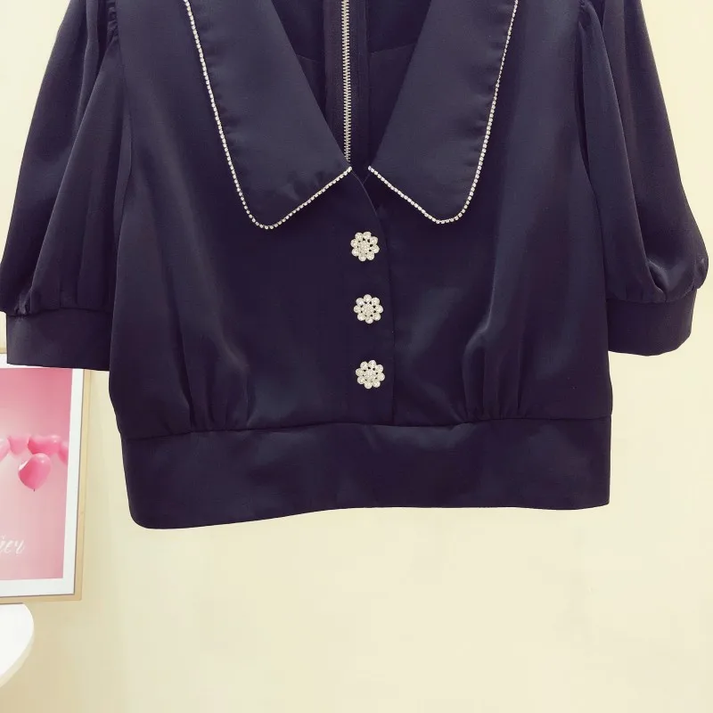 

2021 Summer New Korean Style Rhinestone Doll Collar Puff Sleeve Short Shirt Women's Casual Slim Blouse Plain Crop Top Camisas