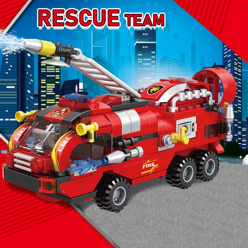 

387pcs City Fire Fighting Trucks Building Blocks 6 in1 Car Helicopter Boat Firefighter Firemen Figures Bricks Toys For Children