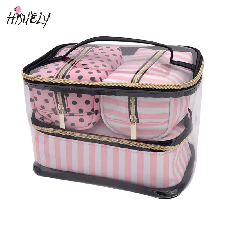 Travel Toiletry Bag PVC Transparent Cosmetic Bag Set Pink Make-up Organizer Pouch Makeup Case Beautician Vanity Necessaire Trip