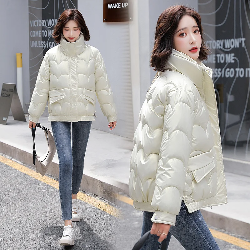 Fashion Women Winter Bright Parkas Stand Collar Short Jacket Cotton Padded Warm Thicken Ladies Coat Long Sleeve Coats Parka