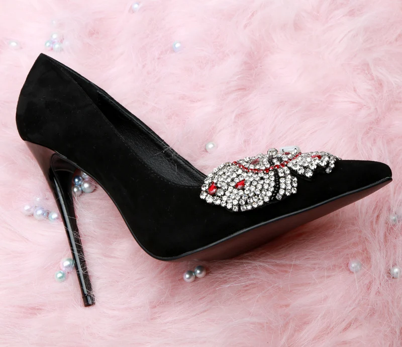 

Crystal Beads Jewled Butterfly Decor Pumps Women Stiletto High-heeled Pointed Toe Wedding Shoes Summer Ladies Suede High Heels