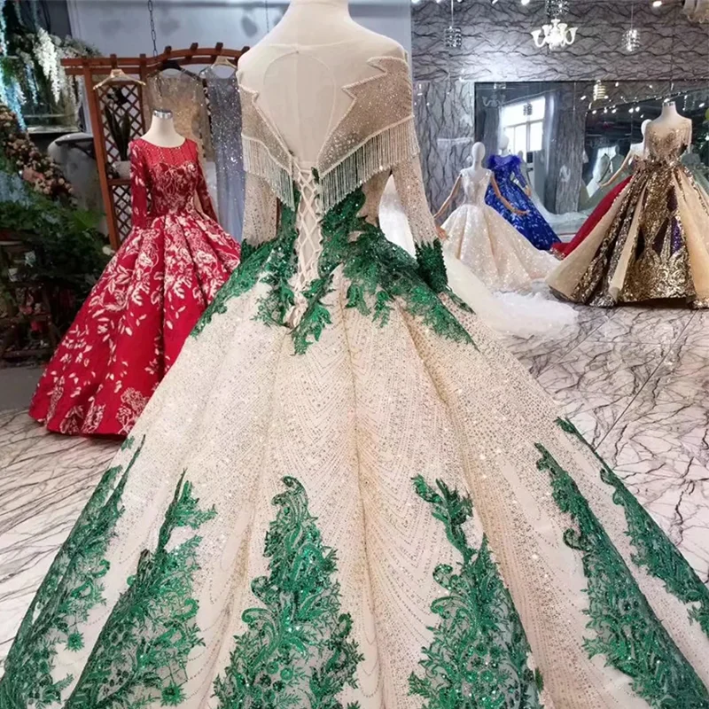 LS11252 ball gown evening dresses with green appliques special o-neck long sleeves dubai prom curve shape ladies | Свадьбы и