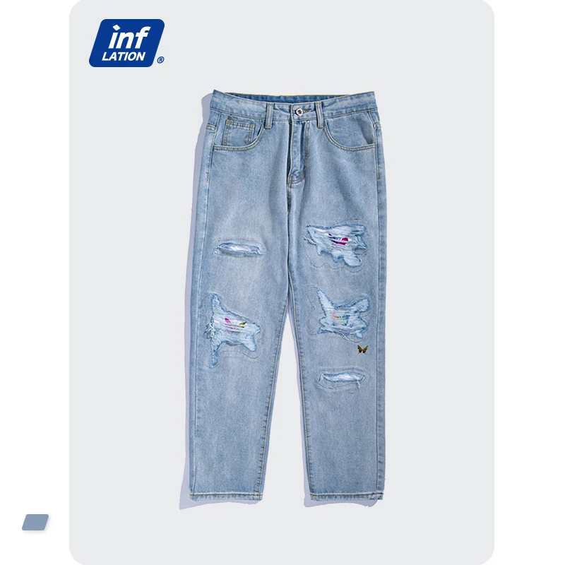 

Мужские мешковатые джинсы с заплатками-бабочками, прямые джинсы с заплатками, Мужская Уличная одежда, рваные джинсы в стиле ретро