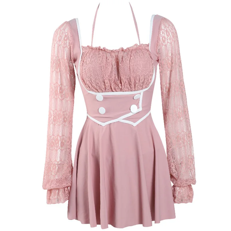 

Swimsuits Fused One-Piece Swimsuit Bikini One Piece Woman Swim Suits Monokini Push Up Fairy Plastic Long Sleeve Lace Korean