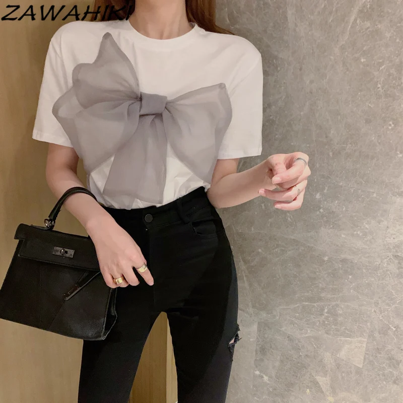 

ZAWAHIKI в Корейском стиле модное милое воздушное футболки c бантиком Женская летняя обувь 2021 с круглым вырезом с коротким рукавом Свободные то...