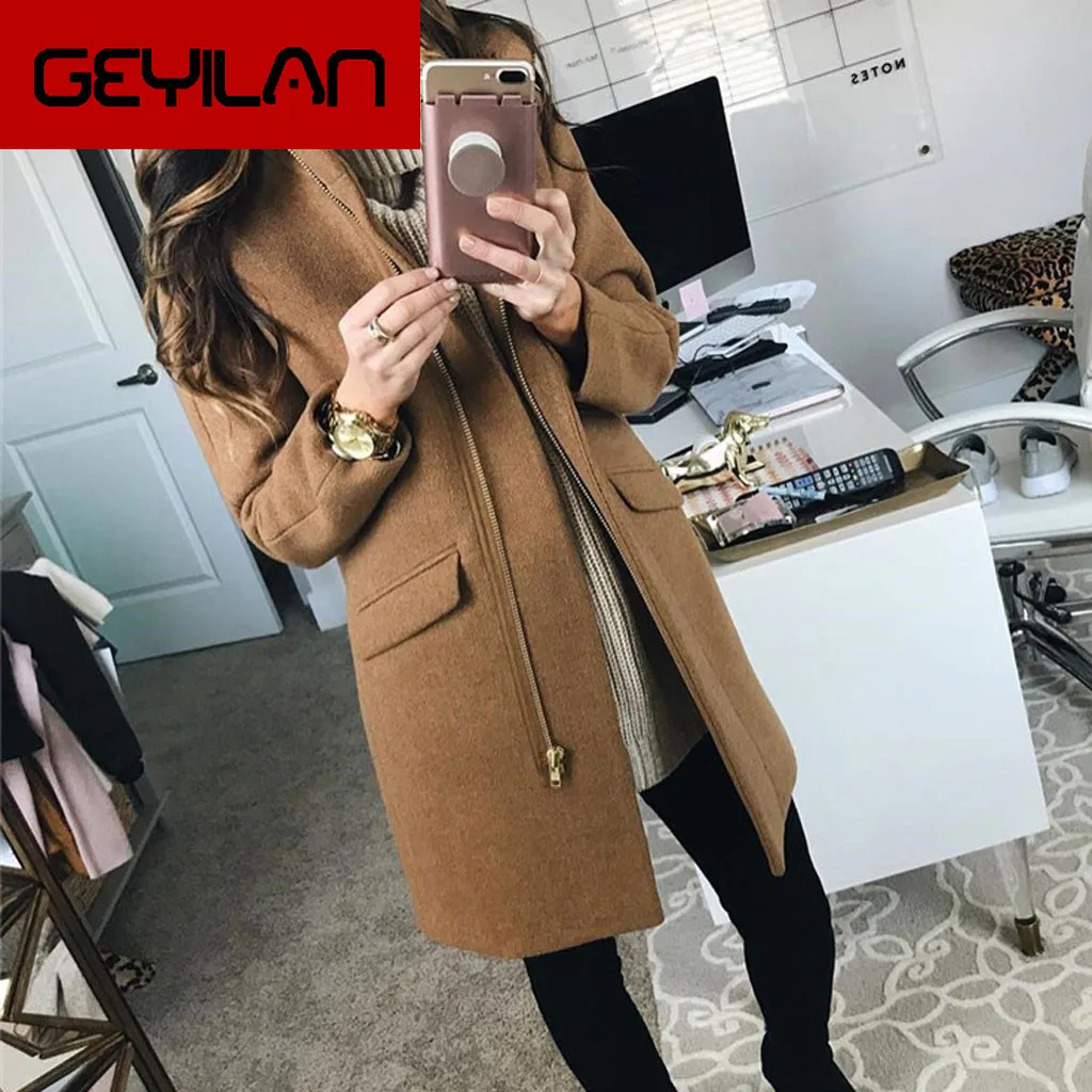 

Casaco feminino Zipper Pockets Women Plus size Winter Cassic Simple Wool Maxi Long Coat Female Robe Outerwear manteau femme 30