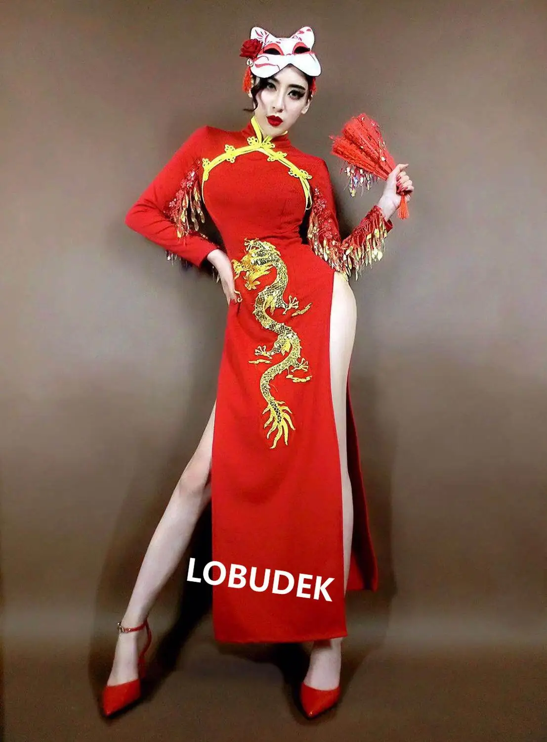 Женское сценическое платье-Ципао с бахромой блестками и разрезом | Тематическая