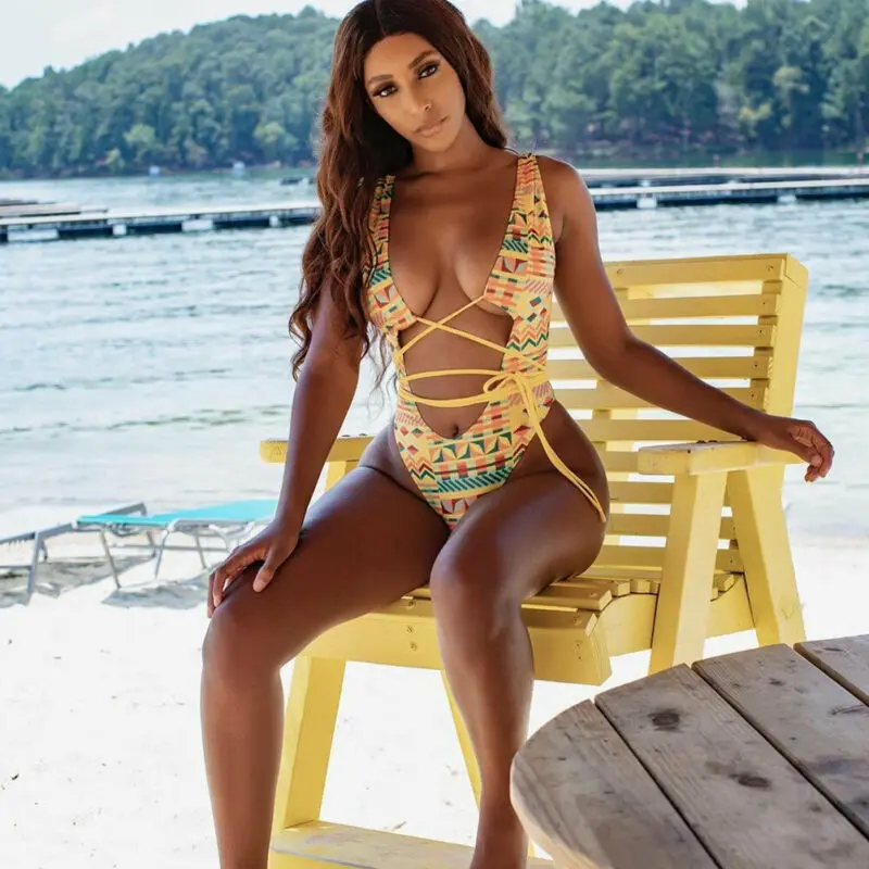 Женские сексуальные купальники с высокой шнуровкой бикини цветочным принтом