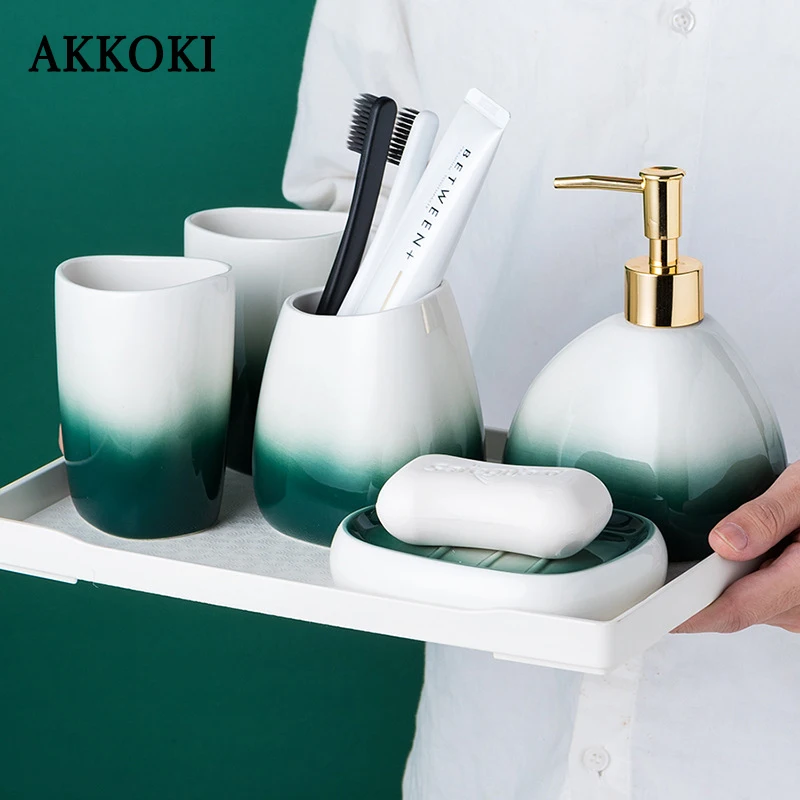 

Ceramic Bathroom Accessories Shampoo Dispenser Mouthwash Cup Soapbox Toothbrush Holder Restroom Decoration Sets Toilet Organizer