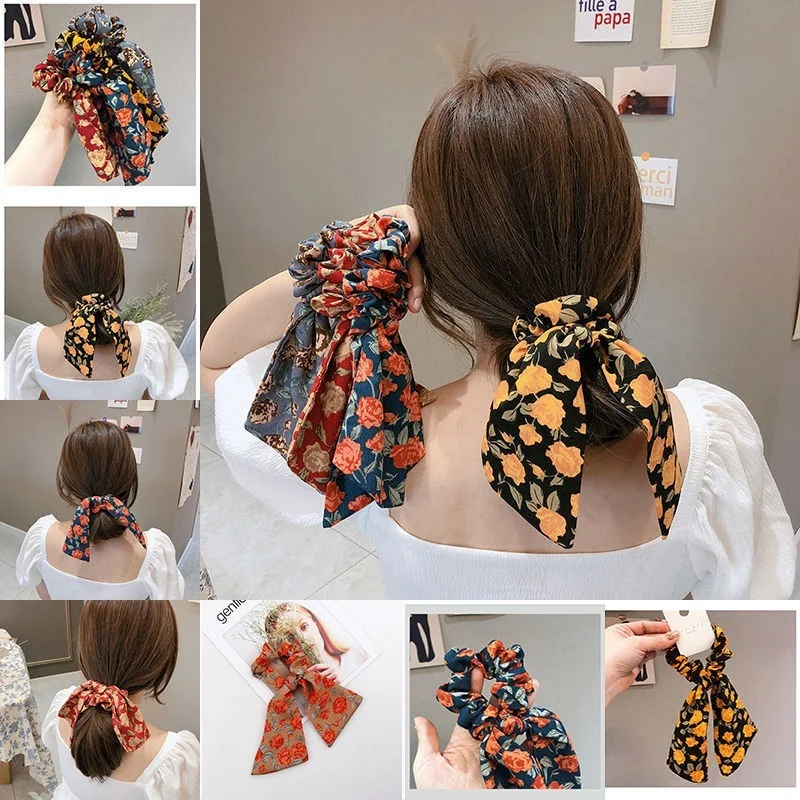 

2021 Floral Printed Bowknot Hair Scrunchies For Women Ponytail Holder Hair Rope Ties Rubber Bands Hair Accessories Headwear