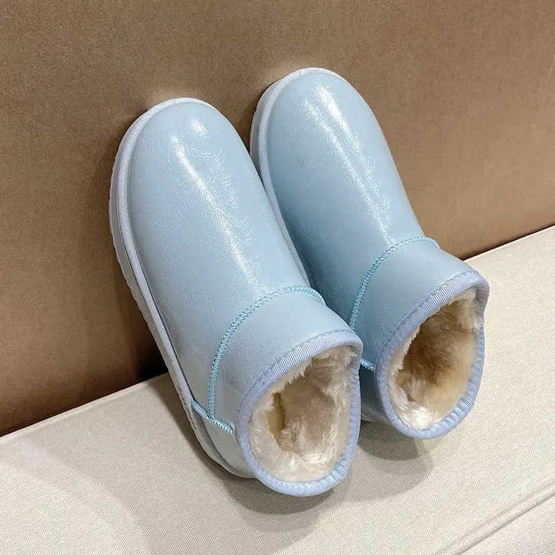 

2020 Winter New Women's Snow Boots Fashion Round Head Leather Ankle Booties Woman Casual Slip on Keep Warm Mid Heel Shoes Women