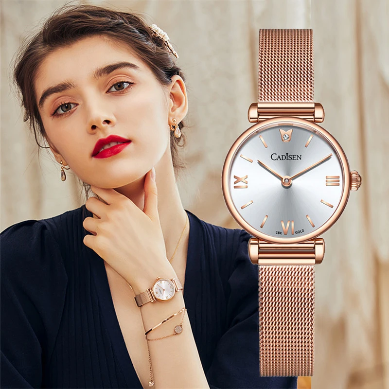 CADISEN 18K GOLD Woman Watch Luxury Brand Stainless steel Mesh Belt Wristwatch 30M Waterproof Gold Quartz Watch relogio feminino