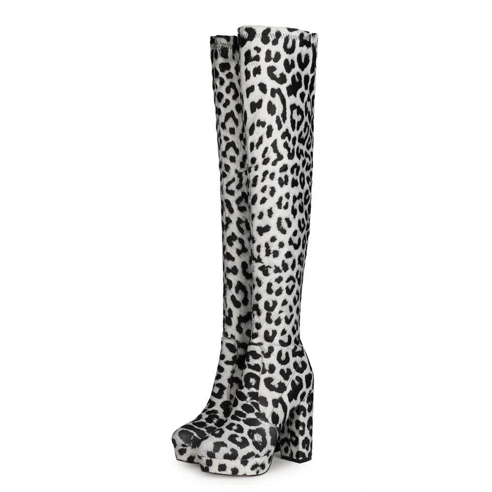 

Leopard print thick heel high tube over knee boots show long boots women's shoes elastic cloth high tube