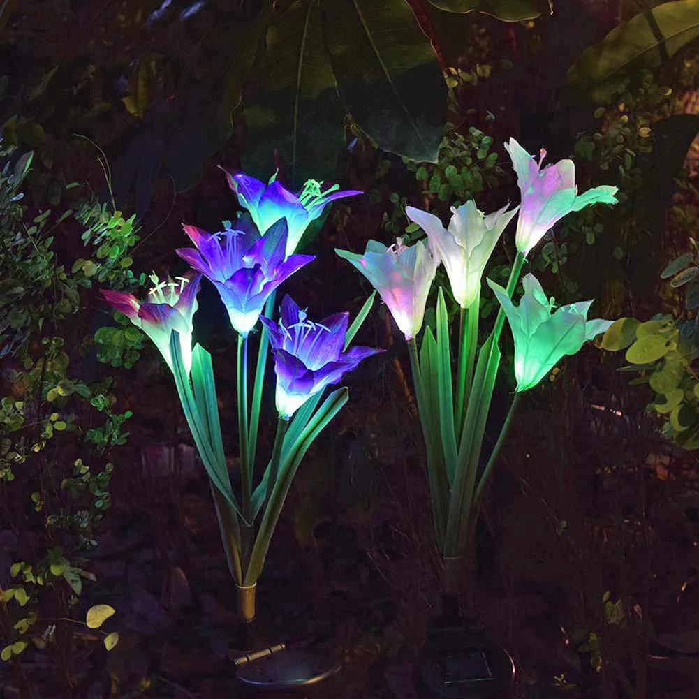 

4-Head Lily Flower Solar Light Colorful LED Lawn Lamp Outdoor Decorative Artificial Flower Night Light for Wedding Decoration