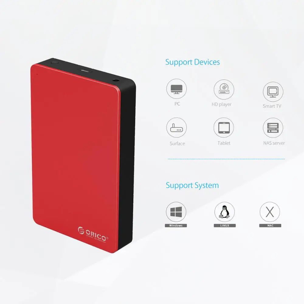 ORICO 3,5 дюйма type-C HDD чехол алюминиевый SATA для USB C внешний жесткий диск Корпус для 8 ТБ HDD SSD с адаптером питания 12 В
